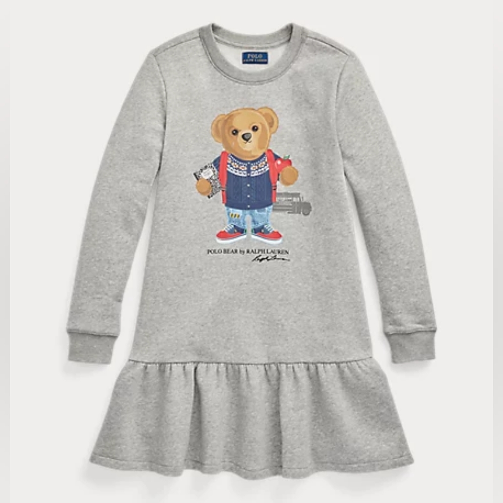 NWT Polo Ralph Lauren Polo Bear Fleece Sweatshirt Dress Grey Girl's size XL (16)